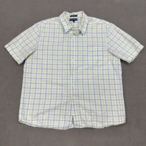 John Ashford Tattersall Linen Blend Camp Shirt Men's 2XL Blue Green Easter Plaid